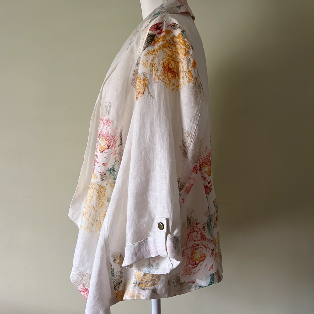 Chico’s Women Sz 2 Open Front Cardigan Linen Tunic Pastel Roses Flowers Floral - Picture 4 of 6